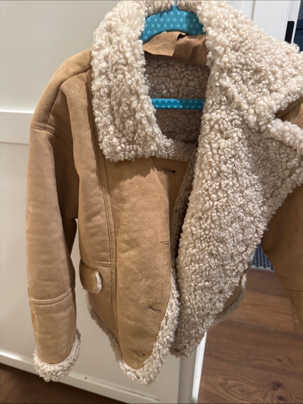 Zara Tan Faux-Suede Jacket with Cream Shearling Trim